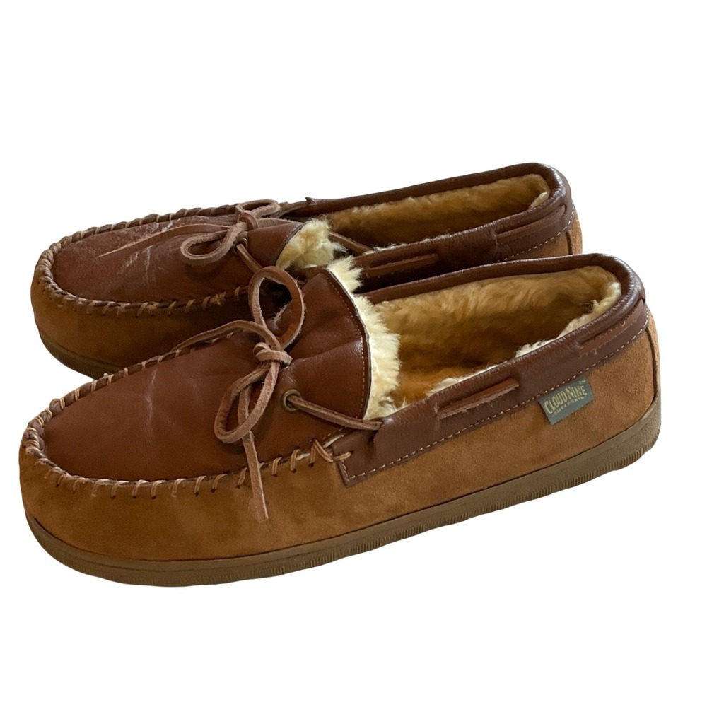 Cloud Nine Sheepskin Mens M11 Suede Moccasin Slippers Tan Brown Shearling Lined‎